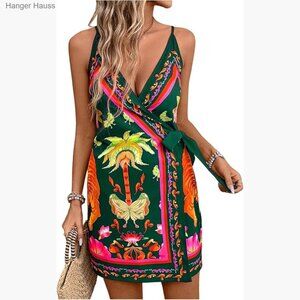 Sleeveless Wrap V-Neck Mini Dress Tropical Print Boho Casual